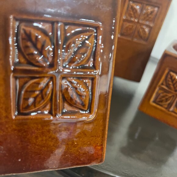 Brown Ceramic Staggered Column Candleholders with Leaf Design (Set of 3) - Picture 3 of 8